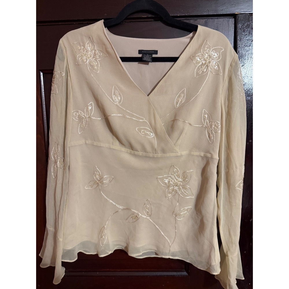 Anne Carson Silk Embroidered Sequin Blouse Cream V-Neck Bell Sleeve Size M